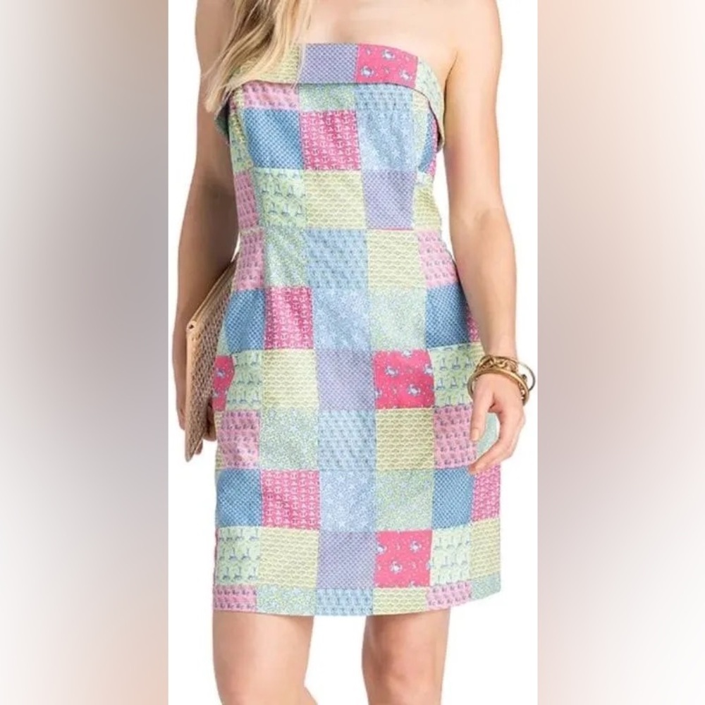 Vineyard Vines Strapless Patchwork Dress - Pink, Blue, Green